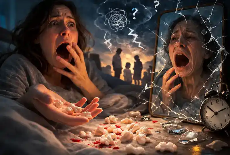 Woman shocked after dreaming all my teeth fell out, symbolizing anxiety, identity loss, and emotional stress