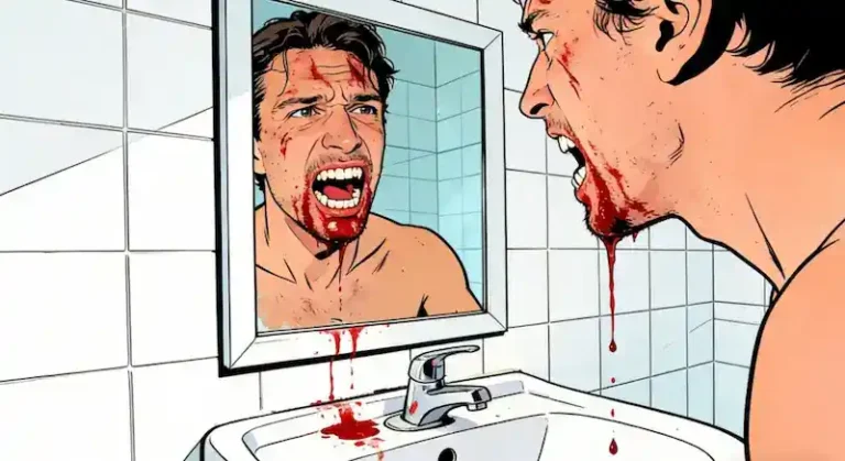dream about teeth bleeding with red water in sink and mirror reflection