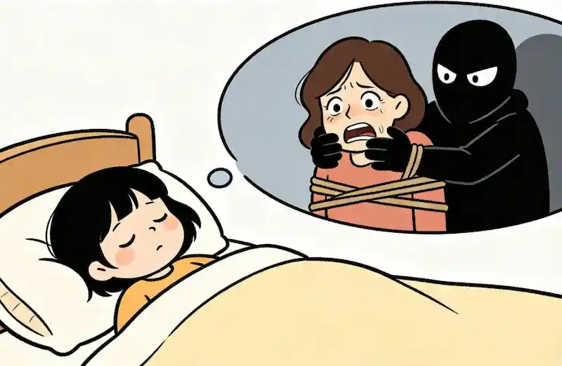 A cartoon comic illustration depicting the anxiety of a 'dream about mom being kidnapped'. A shadowy figure looms over a distressed woman, while a child watches from the foreground, conveying a sense of fear and helplessness in a dreamlike setting.
