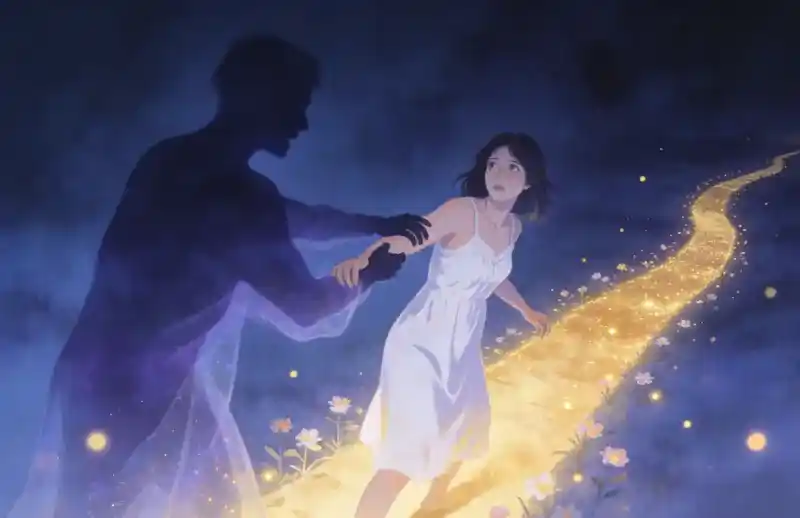 A symbolic illustration representing the psychological feeling of being kidnapped by an ex-boyfriend in a dream, showing a shadowy figure and a path to freedom.
