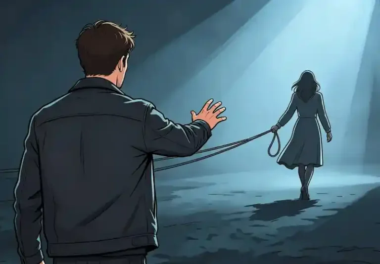 A man reaching toward a distant woman fading into shadows, symbolizing emotional distance in a dream my wife was kidnapped scenario