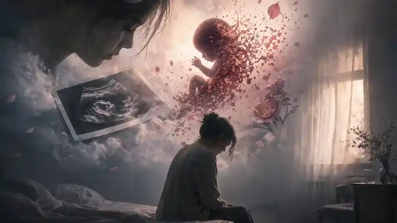 A surreal emotional scene representing dreaming of an abortion, showing a woman sitting in quiet sorrow while a symbolic fetus dissolves into petals above her, reflecting inner conflict and loss.