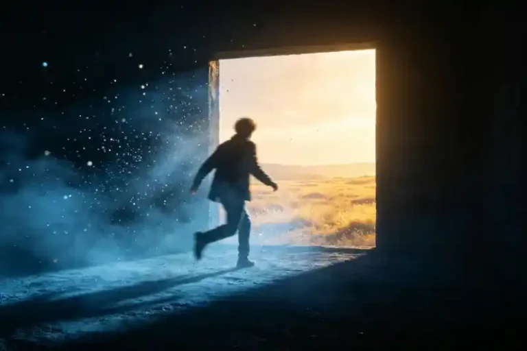 A person escaping from a dark room into bright light, symbolizing dreaming of being kidnapped and escaping and regaining freedom