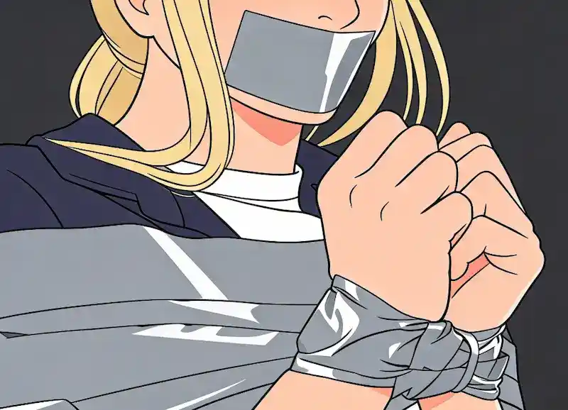 Cartoon comic style illustration of a woman with her mouth taped shut and wrists bound with duct tape, tense hostage scene with dark moody background