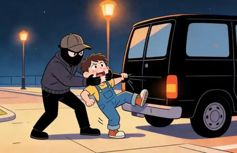 Cartoon comic style illustration of a masked villain kidnapping a small child, tense dramatic scene