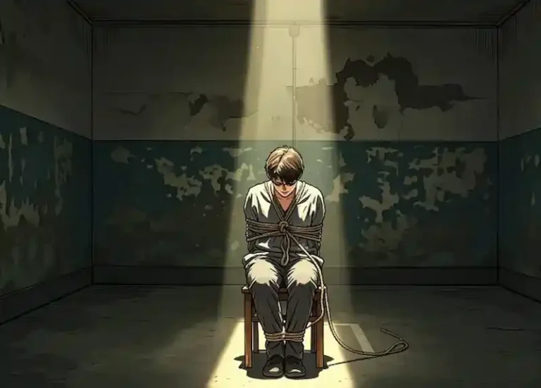 A man tied to a chair in a dark room under a single spotlight, symbolizing the feeling of being trapped by subconscious anxiety and the loss of control in a dream.