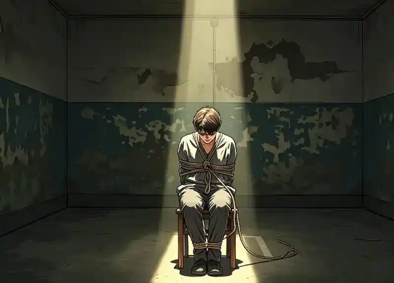 A man tied to a chair in a dark room under a single spotlight, symbolizing the feeling of being trapped by subconscious anxiety and the loss of control in a dream.