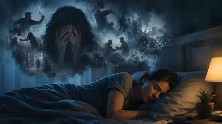 Woman sleeping while experiencing a disturbing dream about violence, conflict, fear, and emotional tension in a dark surreal atmosphere.