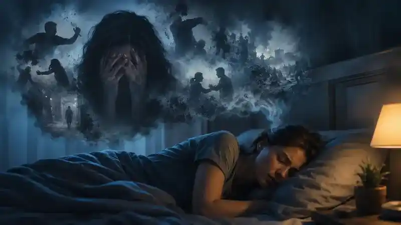 Woman sleeping while experiencing a disturbing dream about violence, conflict, fear, and emotional tension in a dark surreal atmosphere.