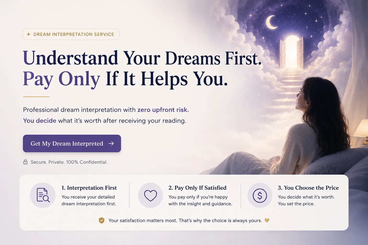 website banner for a dream interpretation service where users receive professional dream analysis first and pay only if satisfied, with flexible pricing chosen by the customer.