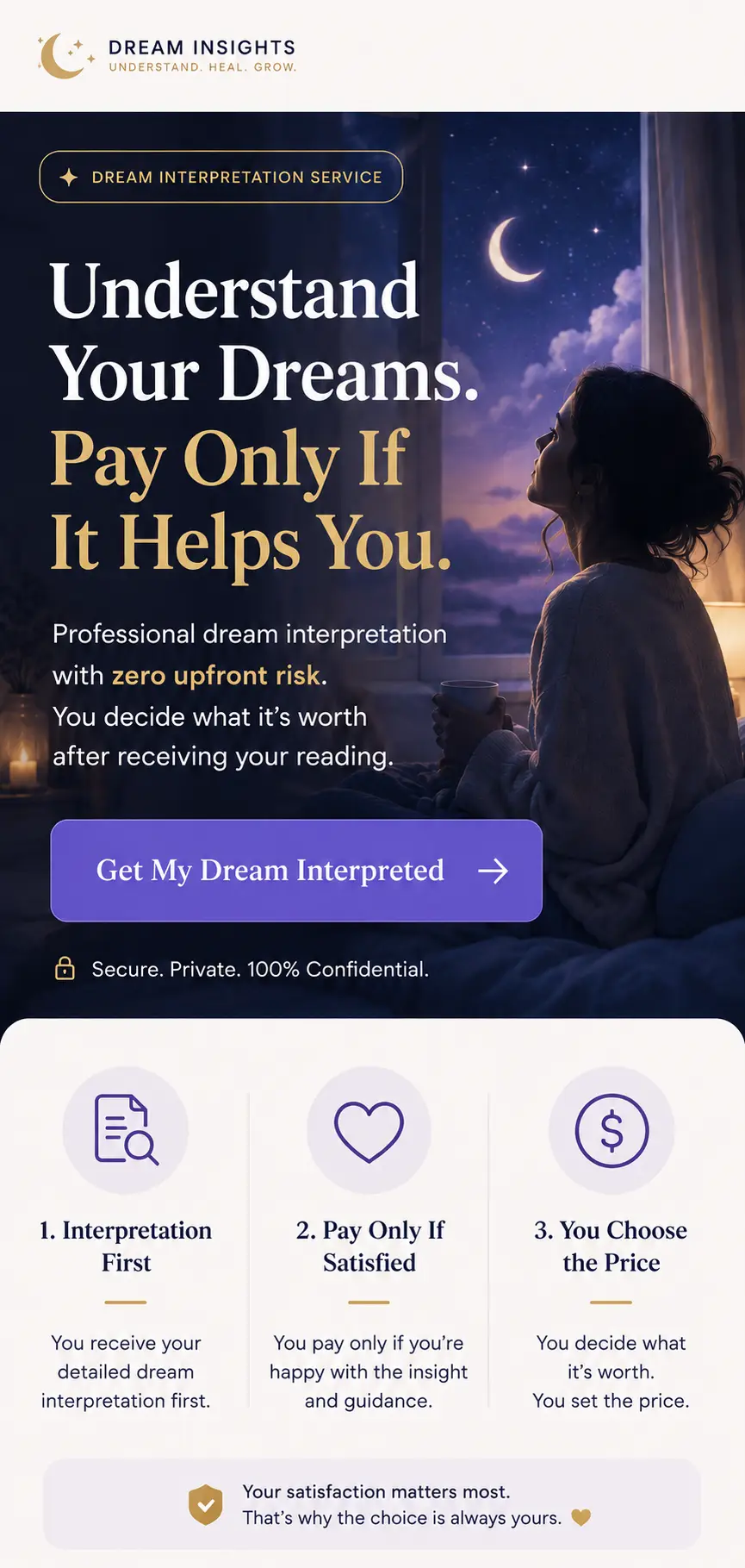 Mobile website banner for a dream interpretation service where users receive professional dream analysis first and pay only if satisfied, with flexible pricing chosen by the customer.