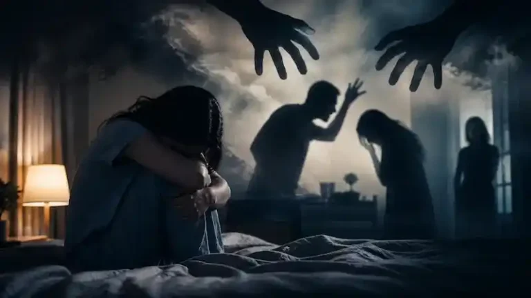 A distressed woman sitting on a bed during a nightmare, surrounded by shadowy figures symbolizing emotional fear, control, and domestic abuse dreams.