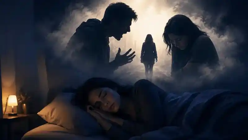 Woman sleeping while shadowy memories of an emotionally abusive relationship appear in a dreamlike atmosphere above her bed.