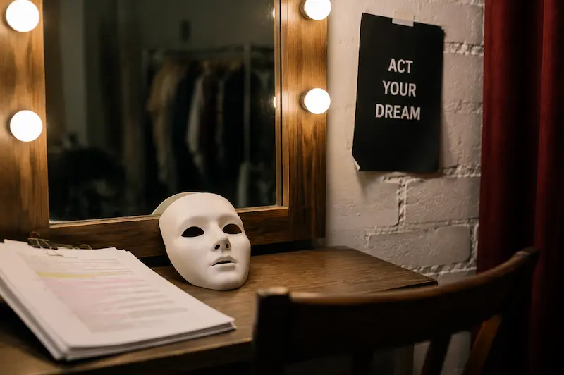 A quiet backstage dressing room with a theatrical mask, warm vanity lights, and scripts, symbolizing actor dream meaning and self-reflection.
