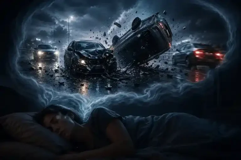 A person sleeping while a vivid dream of a serious car accident unfolds above, symbolizing stress, loss of control, and emotional conflict.