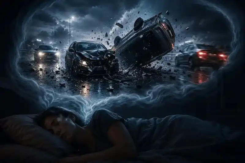 A person sleeping while a vivid dream of a serious car accident unfolds above, symbolizing stress, loss of control, and emotional conflict.