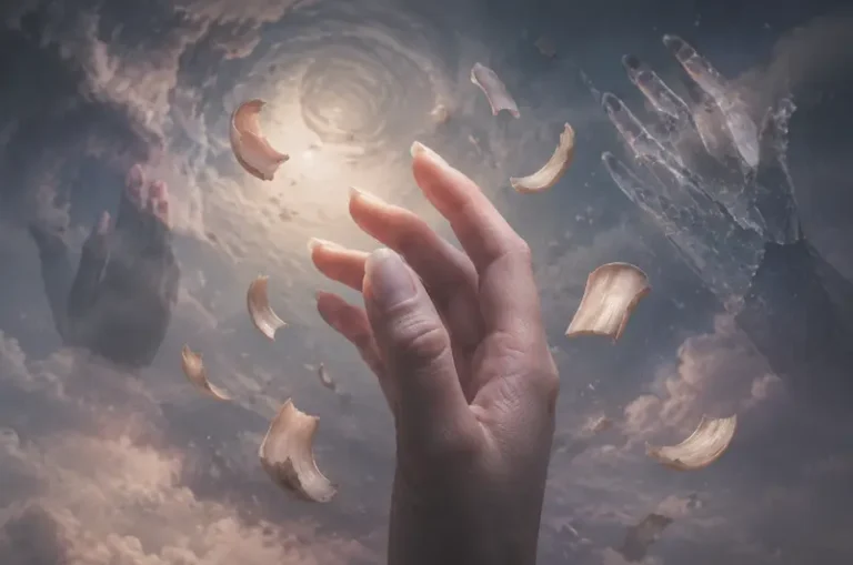 A symbolic dream scene showing a human hand surrounded by floating nail fragments, representing anxiety, transformation, and self-image in dream interpretation.