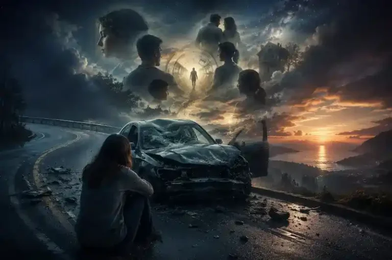Dream of a car accident and death with a damaged car on a winding road and symbolic dream imagery representing transformation and life changes