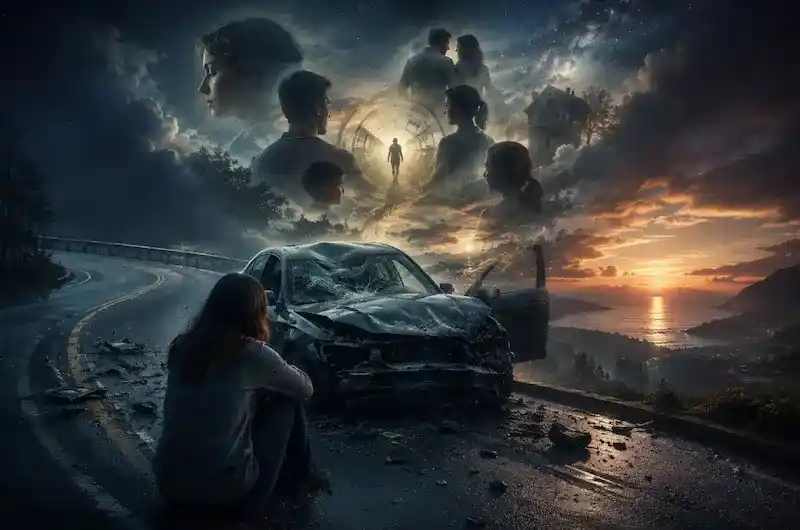 Dream of a car accident and death with a damaged car on a winding road and symbolic dream imagery representing transformation and life changes