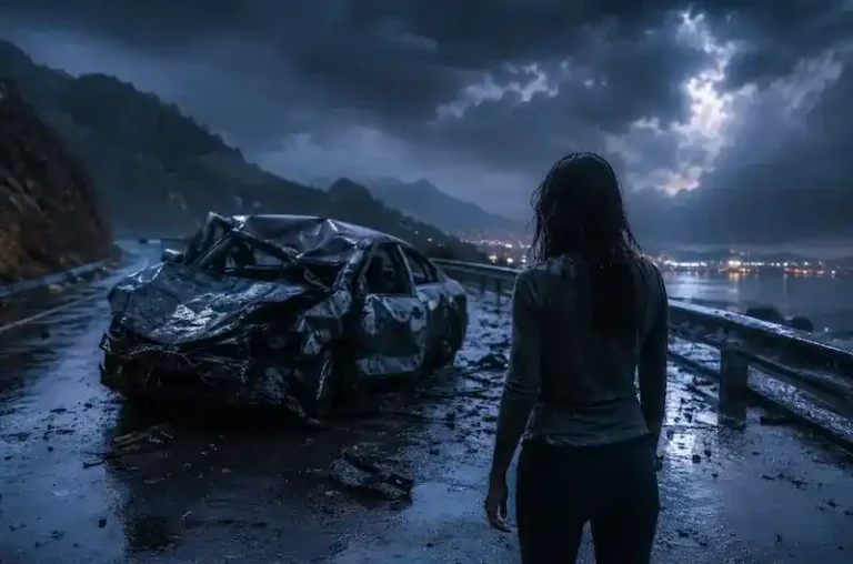 A person standing unharmed beside a wrecked car on a rainy mountain road, symbolizing a dream of a car accident but not getting hurt.