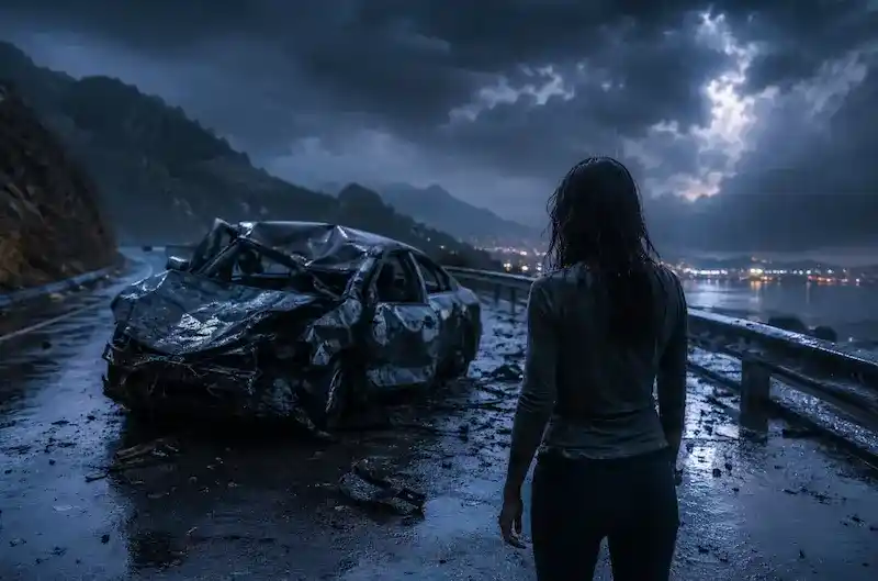 A person standing unharmed beside a wrecked car on a rainy mountain road, symbolizing a dream of a car accident but not getting hurt.