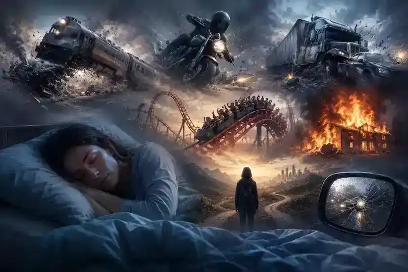 A symbolic illustration of a dream of an accident, featuring multiple accident scenarios that represent stress, uncertainty, personal transformation, and emotional challenges in dream interpretation.