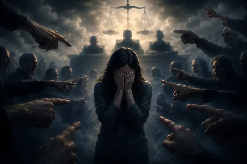 A distressed woman stands alone while shadowy figures point accusing fingers at her in a dark, dreamlike courtroom setting, symbolizing a dream of being falsely accused and misunderstood.