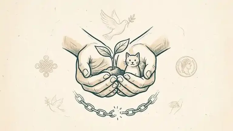 A minimalist hand-drawn sketch exploring adoption dream meaning, featuring caring hands holding a growing plant and a small cat, surrounded by symbolic cultural elements.