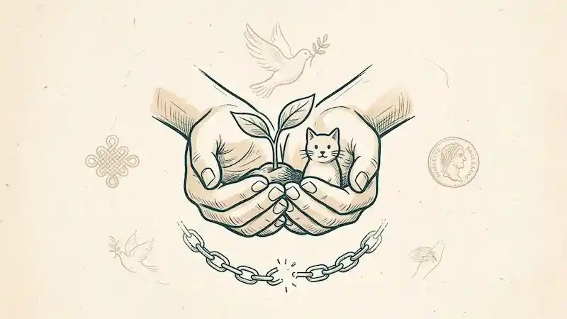 A minimalist hand-drawn sketch exploring adoption dream meaning, featuring caring hands holding a growing plant and a small cat, surrounded by symbolic cultural elements.