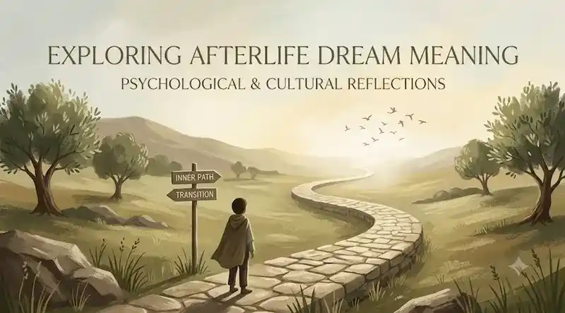 A hand-painted illustration exploring afterlife dream meaning, showing a traveler on a stone path looking toward a bright horizon with birds and a signpost reading Inner Path and Transition.