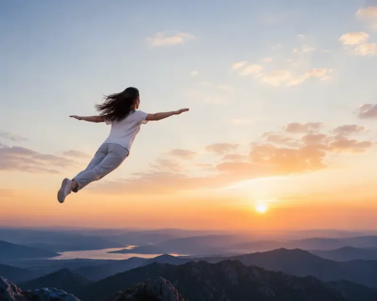 A person floating above mountains during sunrise representing a dream of flying in the air and feelings of freedom and personal growth