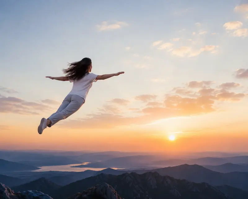 A person floating above mountains during sunrise representing a dream of flying in the air and feelings of freedom and personal growth