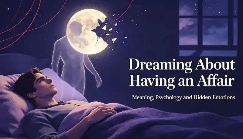 An illustration of a man sleeping in bed, with a glowing moon reflecting a ghostly spirit figure, symbolizing dreaming about having an affair and exploring hidden subconscious conflicts.