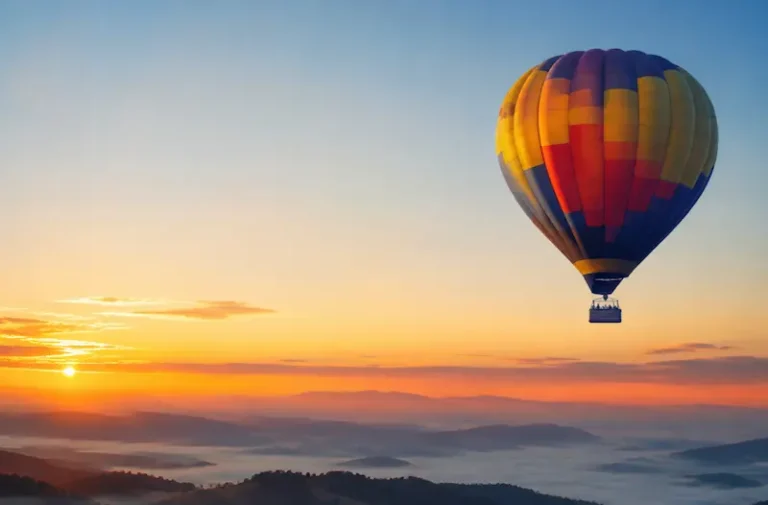 A hot air balloon floating above the landscape, representing the symbolic meaning of dreams about freedom, growth, and seeing life from a higher perspective.