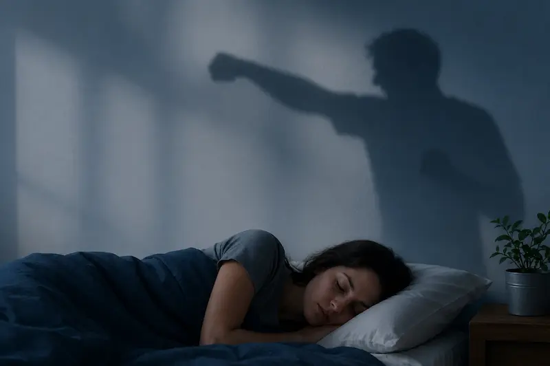 A person sleeping in bed with a violent shadow of a fist projected on the wall, illustrating the psychological meaning of aggressive dreams.